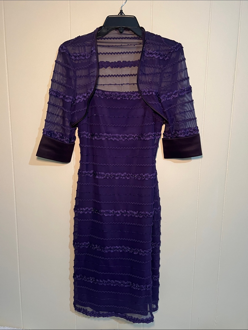 Purple Sheer Ruffle-Trim Midi Dress with Bolero